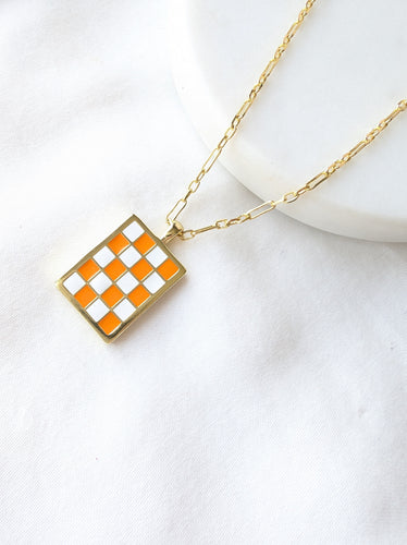 Orange Checkered Charm Necklace