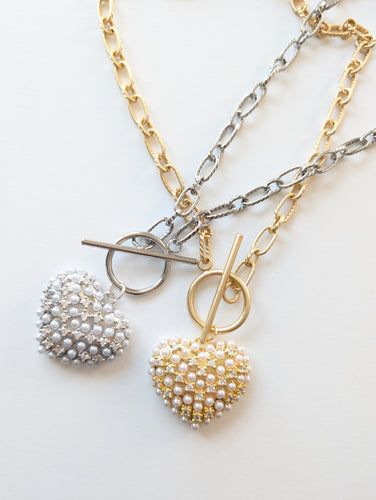 Chunky Pearl Heart Toggle Necklace