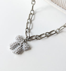 Silver Pearl Bow Heart Necklace